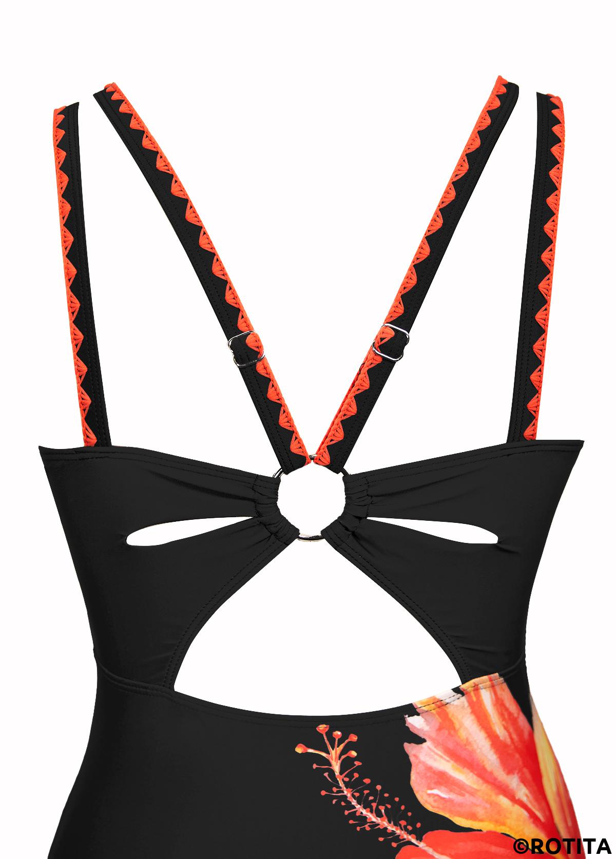 Orange swimwear,Floral swimwear,Plants swimwear,ROTITA Circular Ring Orange Floral Print One Piece Swimwear