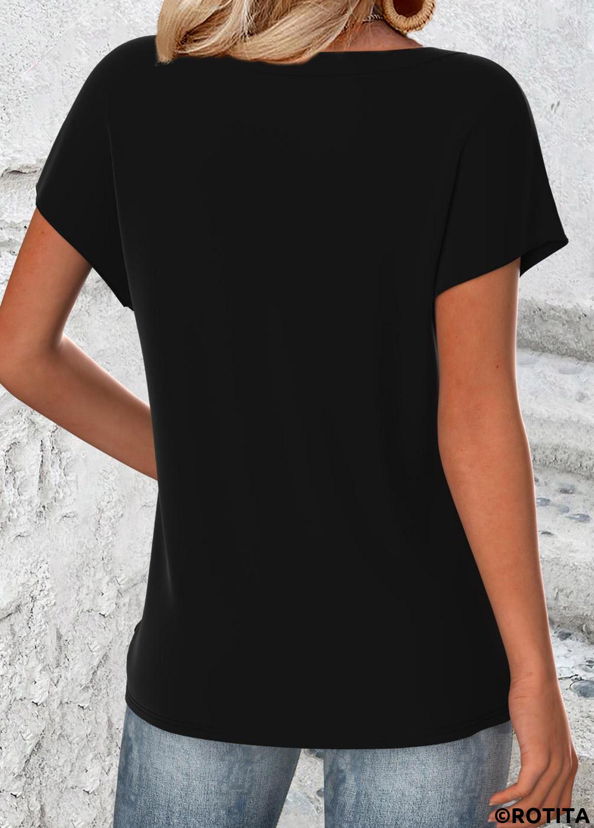 Schwarzes T-Shirt mit Rundhalsausschnitt und kurzen Ärmeln von Rotita mit Schmetterlingsdruck