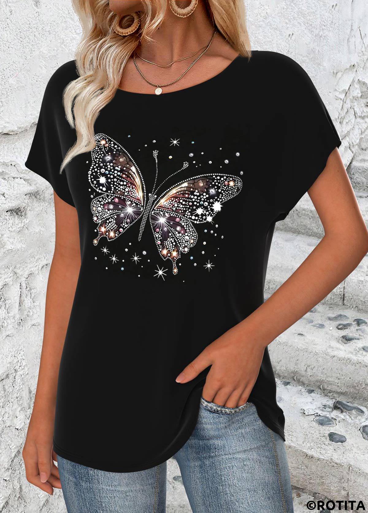 Schwarzes T-Shirt mit Rundhalsausschnitt und kurzen Ärmeln von Rotita mit Schmetterlingsdruck