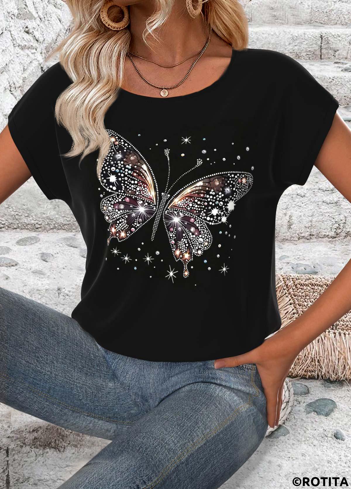 Schwarzes T-Shirt mit Rundhalsausschnitt und kurzen Ärmeln von Rotita mit Schmetterlingsdruck