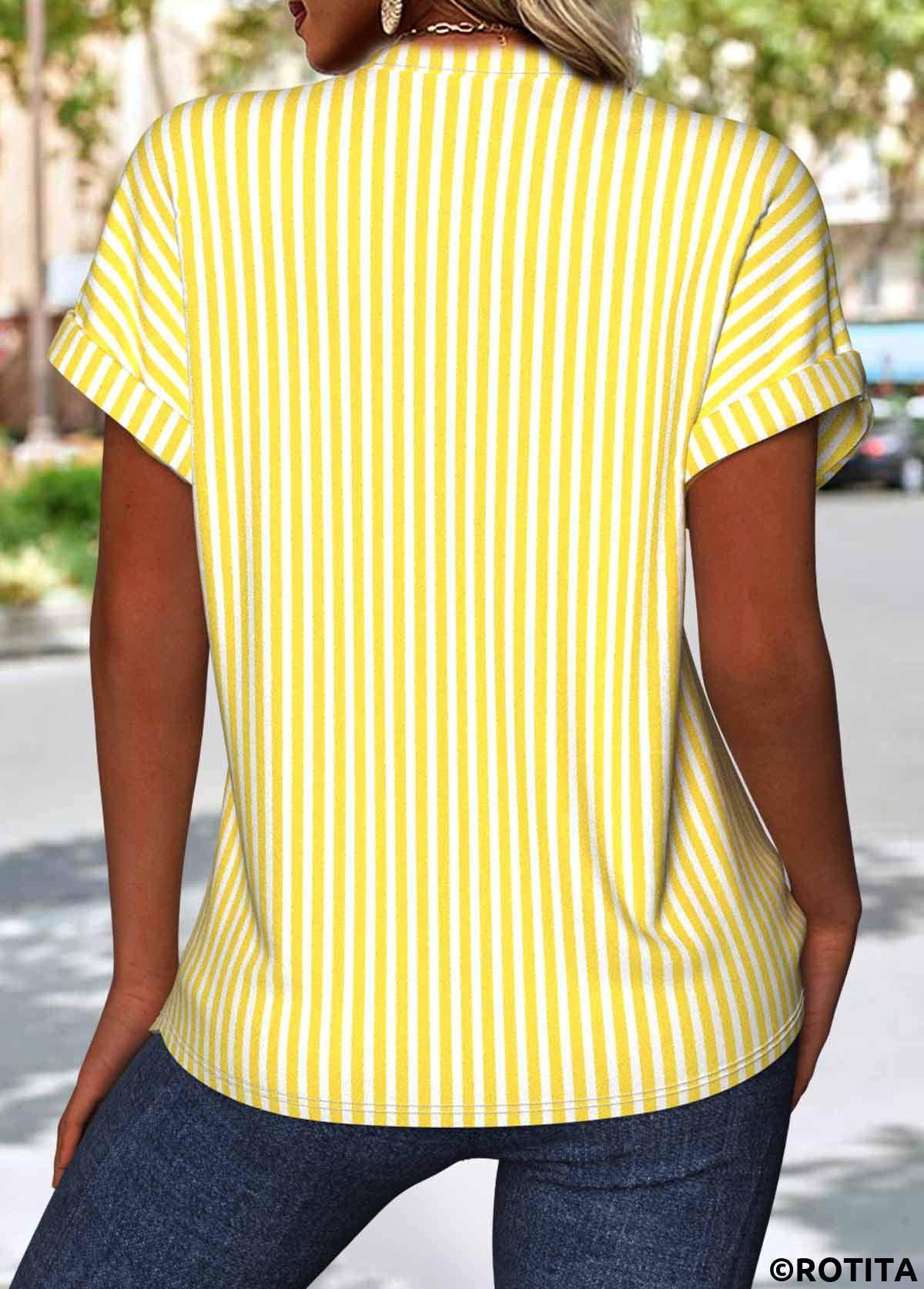 Light Yellow tops,Striped tops,Geometric tops,ROTITA Striped Light Yellow Split Neck Short Sleeve Blouse