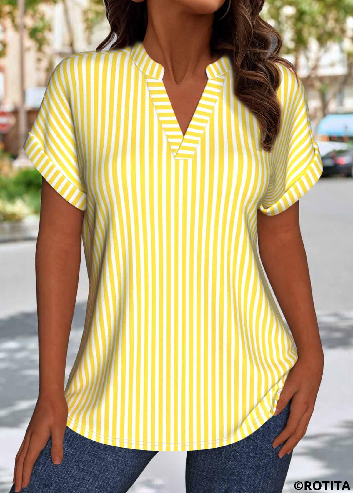 Light Yellow tops,Striped tops,Geometric tops,ROTITA Striped Light Yellow Split Neck Short Sleeve Blouse