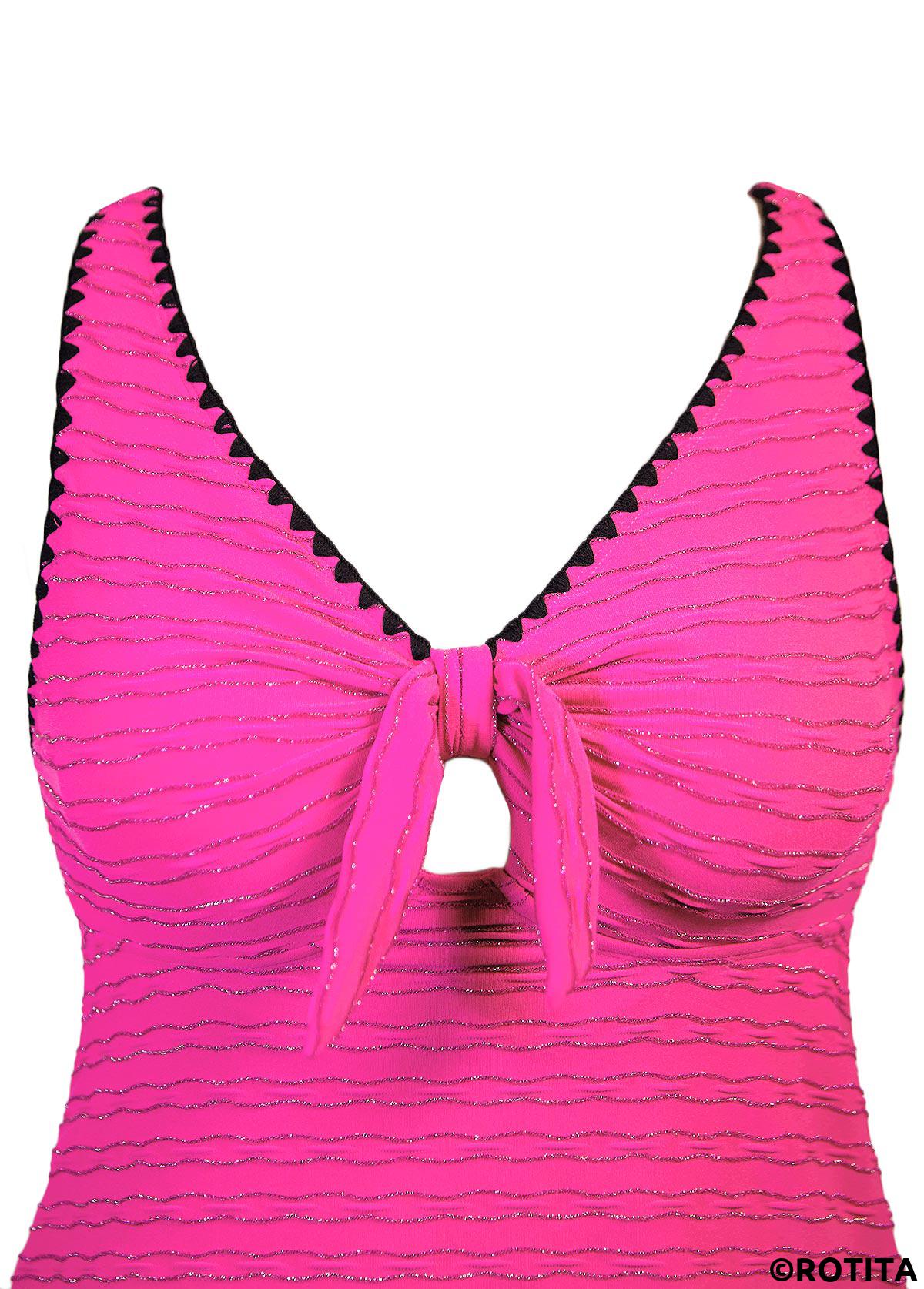 Hot Pink swimwear,Plain Color swimwear,ROTITA Jacquard Hot Pink Mid Waisted Tankini Set