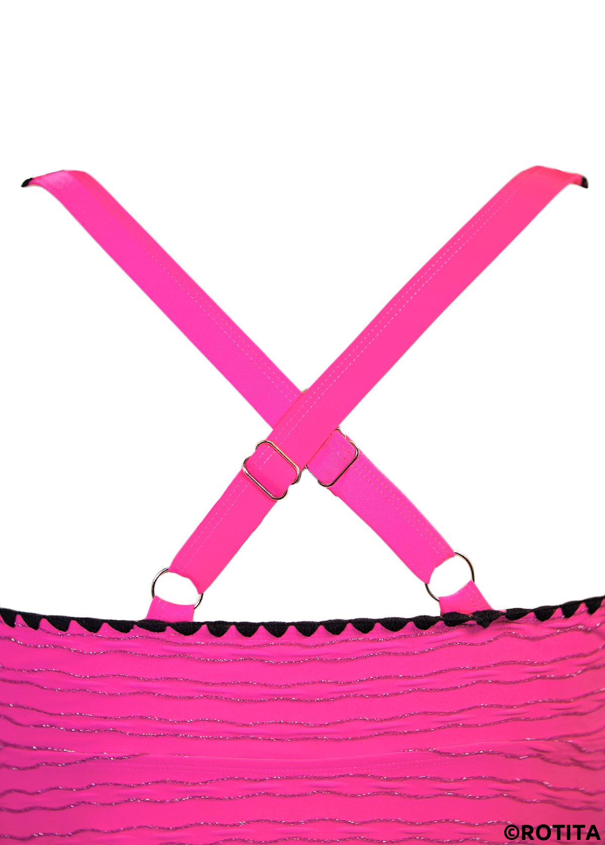 Hot Pink swimwear,Plain Color swimwear,ROTITA Jacquard Hot Pink Mid Waisted Tankini Set