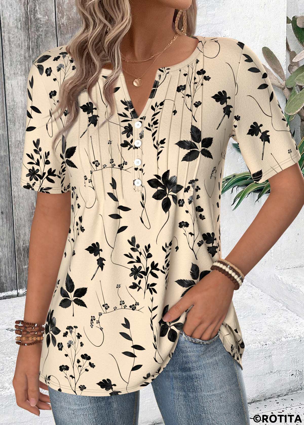 Beige tops,Plants tops,ROTITA Button Leaf Print Beige Split Neck T Shirt