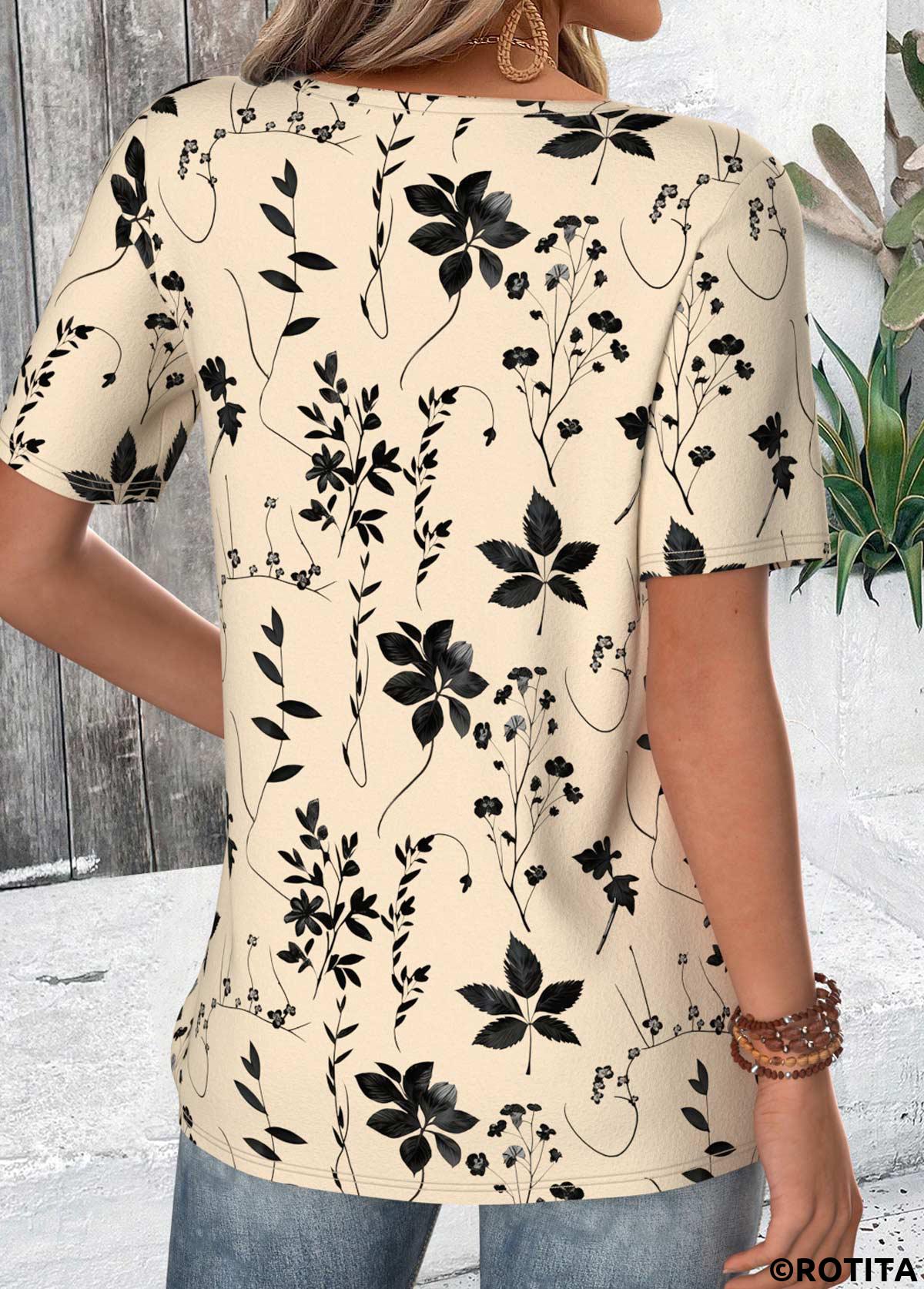 Beige tops,Plants tops,ROTITA Button Leaf Print Beige Split Neck T Shirt