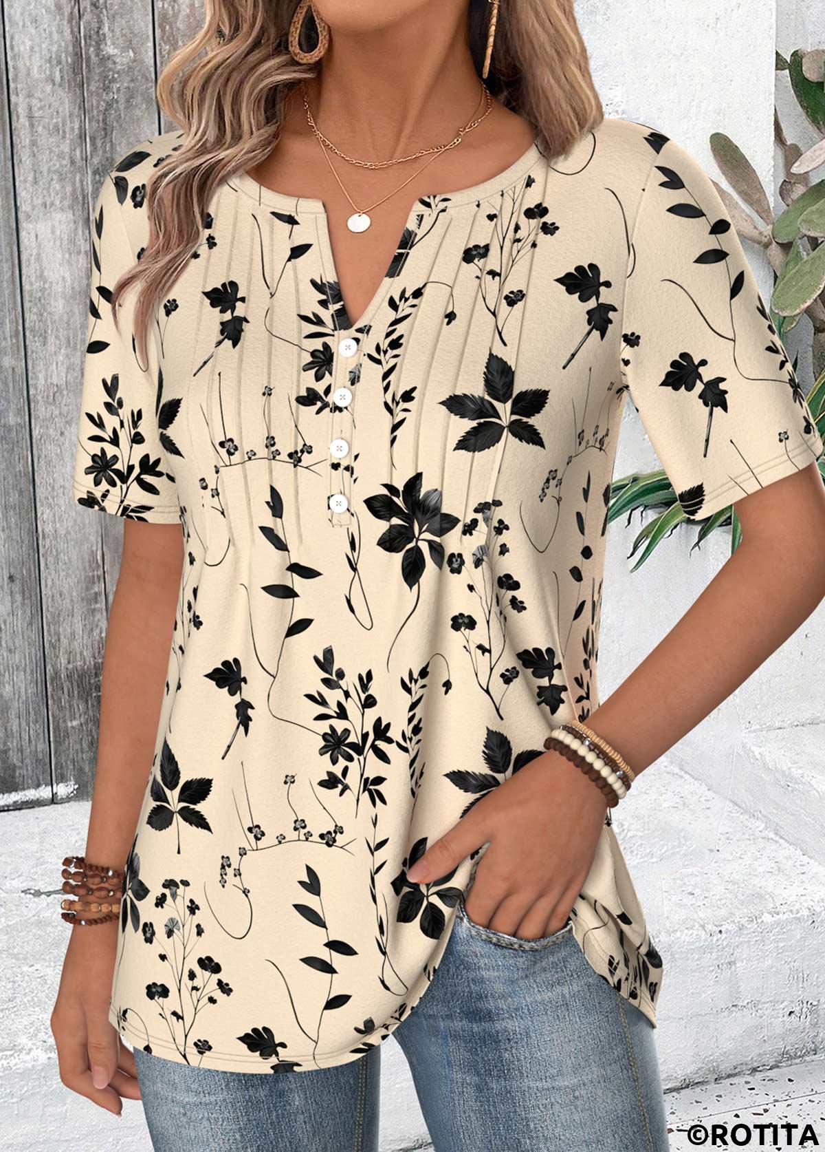 Beige tops,Plants tops,ROTITA Button Leaf Print Beige Split Neck T Shirt