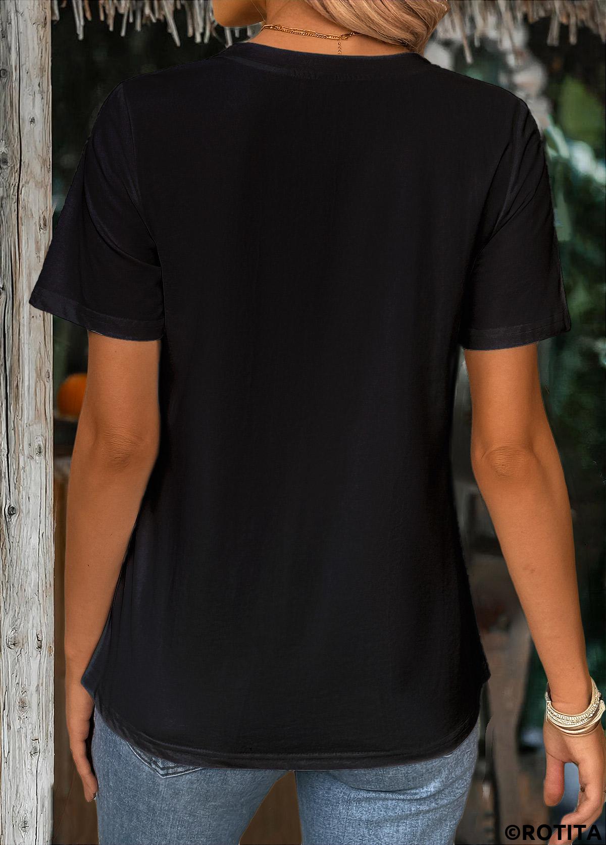 Black tops,Plain Color tops,ROTITA Black Round Neck Short Sleeve T Shirt