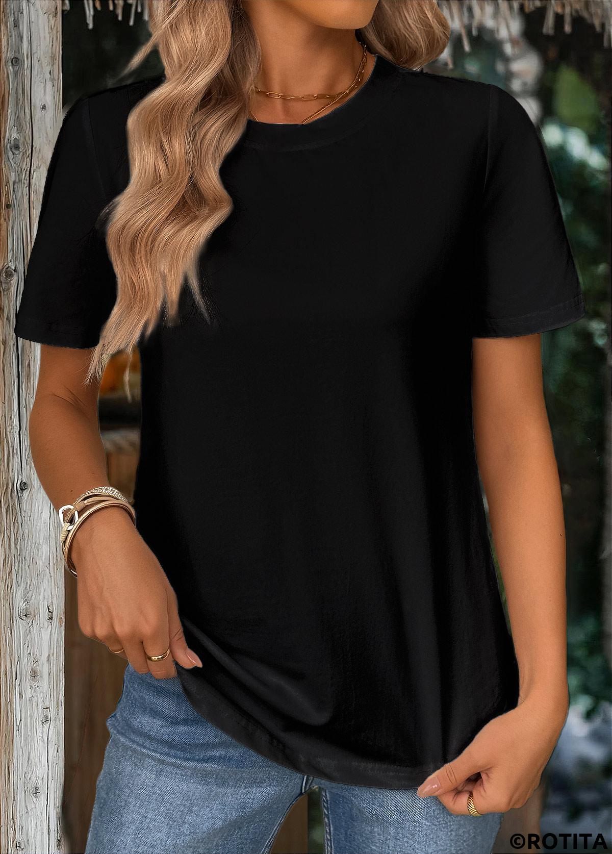 Black tops,Plain Color tops,ROTITA Black Round Neck Short Sleeve T Shirt