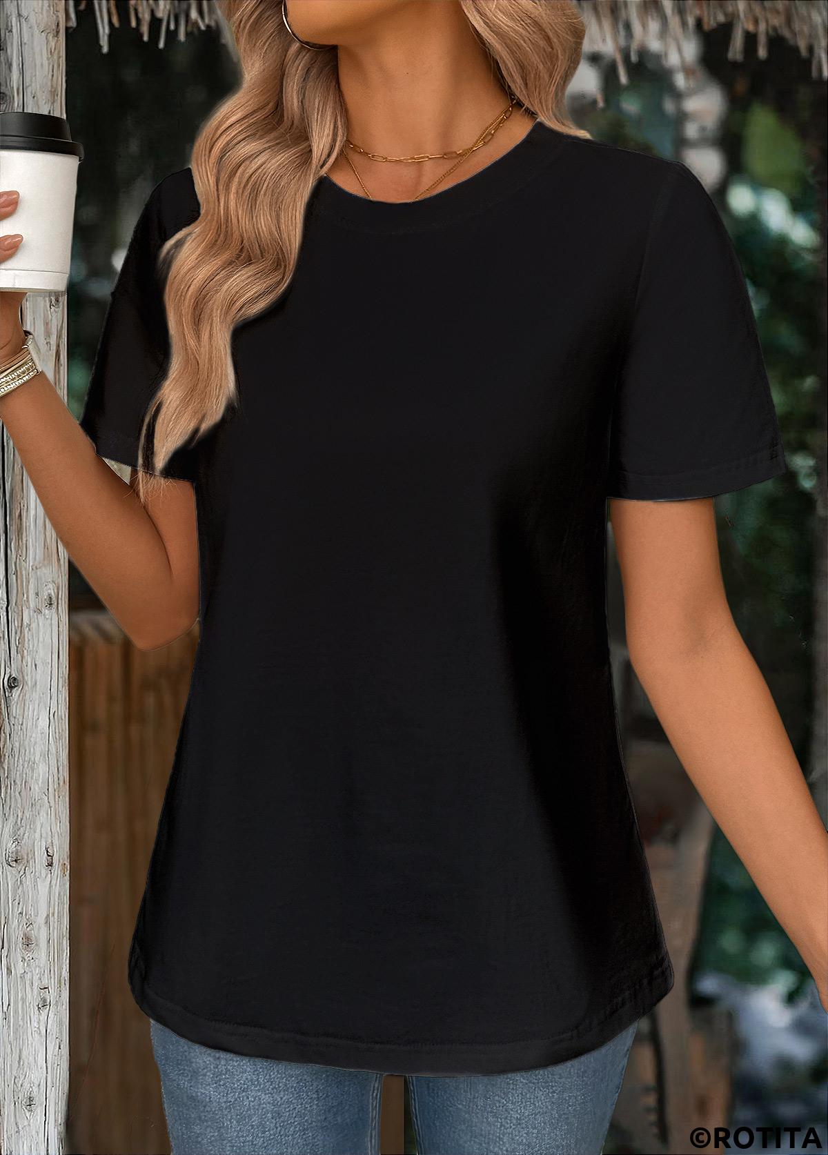 Black tops,Plain Color tops,ROTITA Black Round Neck Short Sleeve T Shirt
