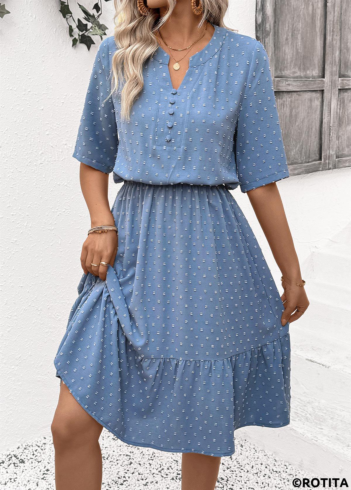 Dusty Blue dresses,Dot dresses,Everyday dresses,Casual dresses,ROTITA Polka Dot Dusty Blue Split Neck Short Sleeve Dress