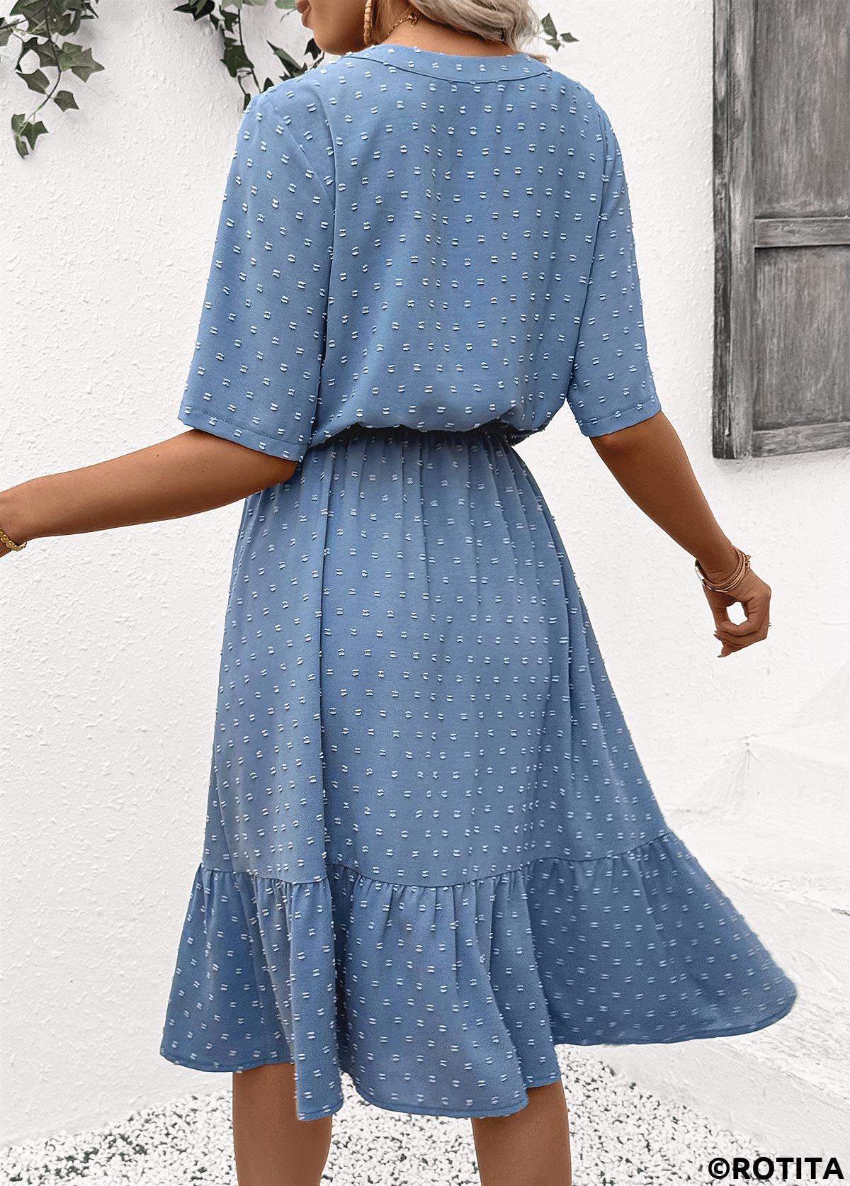Dusty Blue dresses,Dot dresses,Everyday dresses,Casual dresses,ROTITA Polka Dot Dusty Blue Split Neck Short Sleeve Dress
