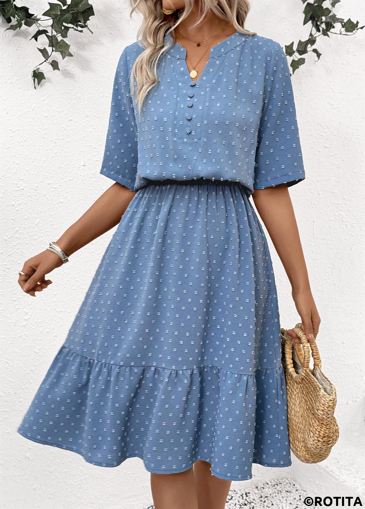 Dusty Blue dresses,Dot dresses,Everyday dresses,Casual dresses,ROTITA Polka Dot Dusty Blue Split Neck Short Sleeve Dress