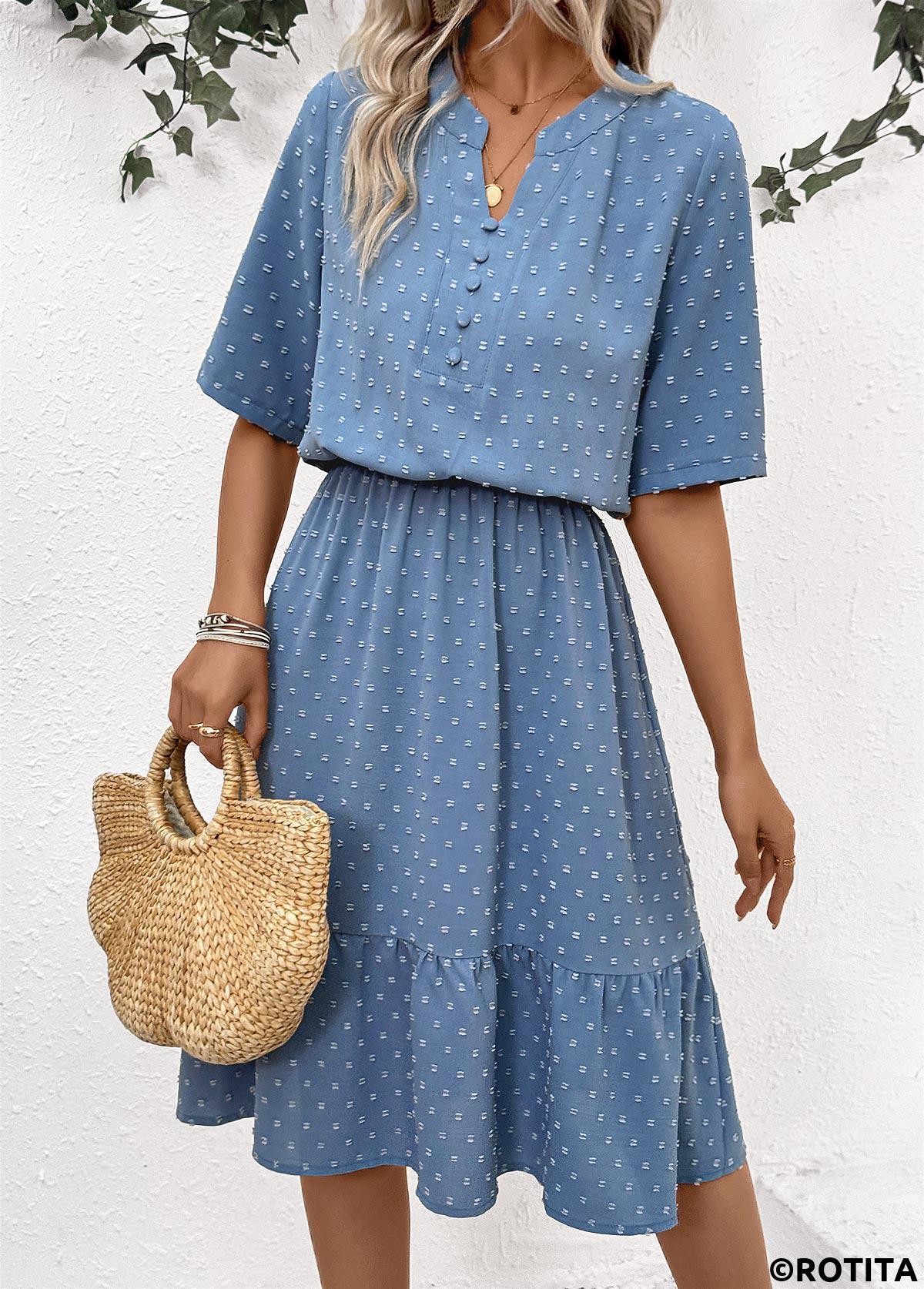 Dusty Blue dresses,Dot dresses,Everyday dresses,Casual dresses,ROTITA Polka Dot Dusty Blue Split Neck Short Sleeve Dress