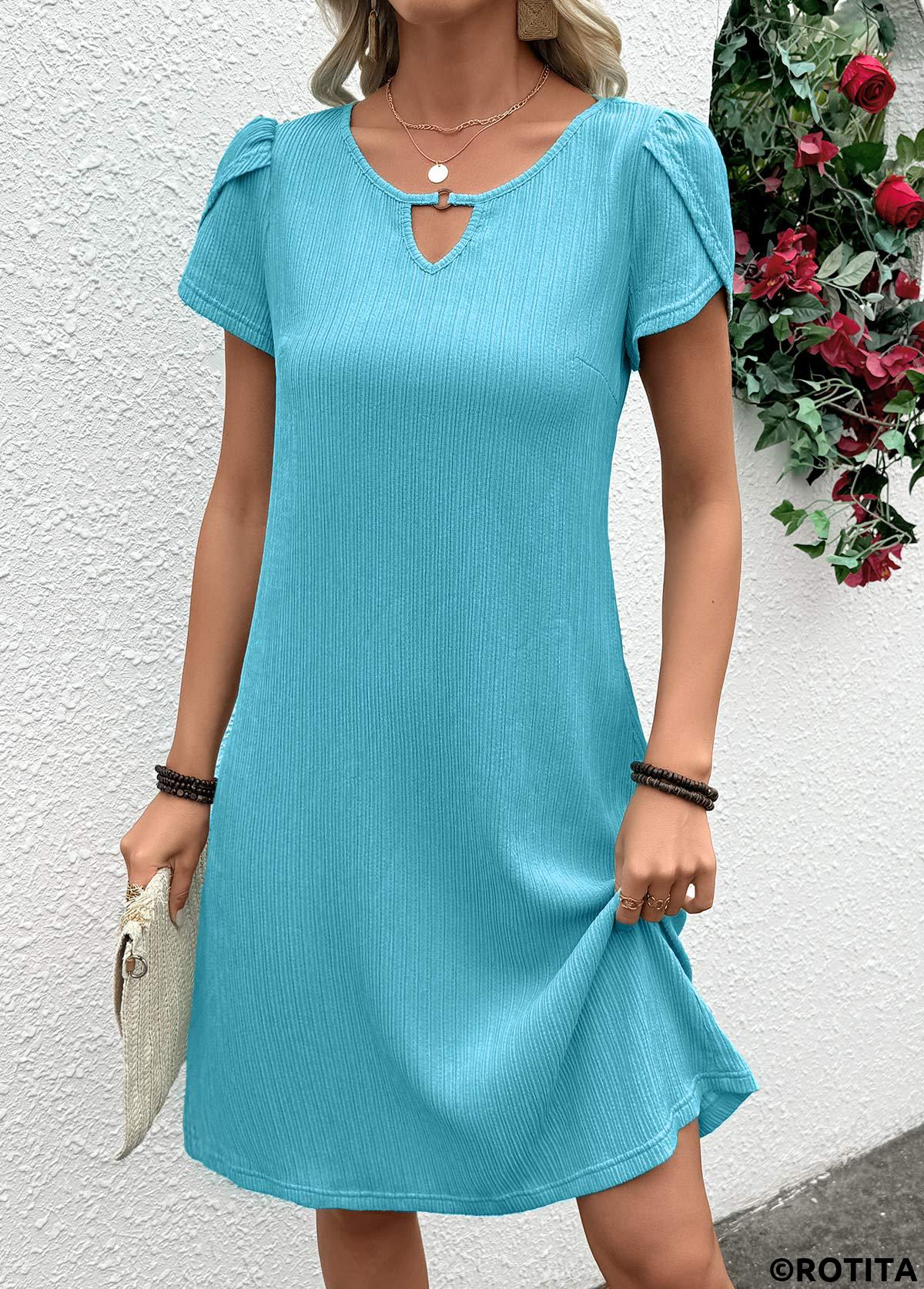 Mint Green dresses,Plain Color dresses,Everyday dresses,Casual dresses,ROTITA Jacquard Mint Green A Line Round Neck Dress