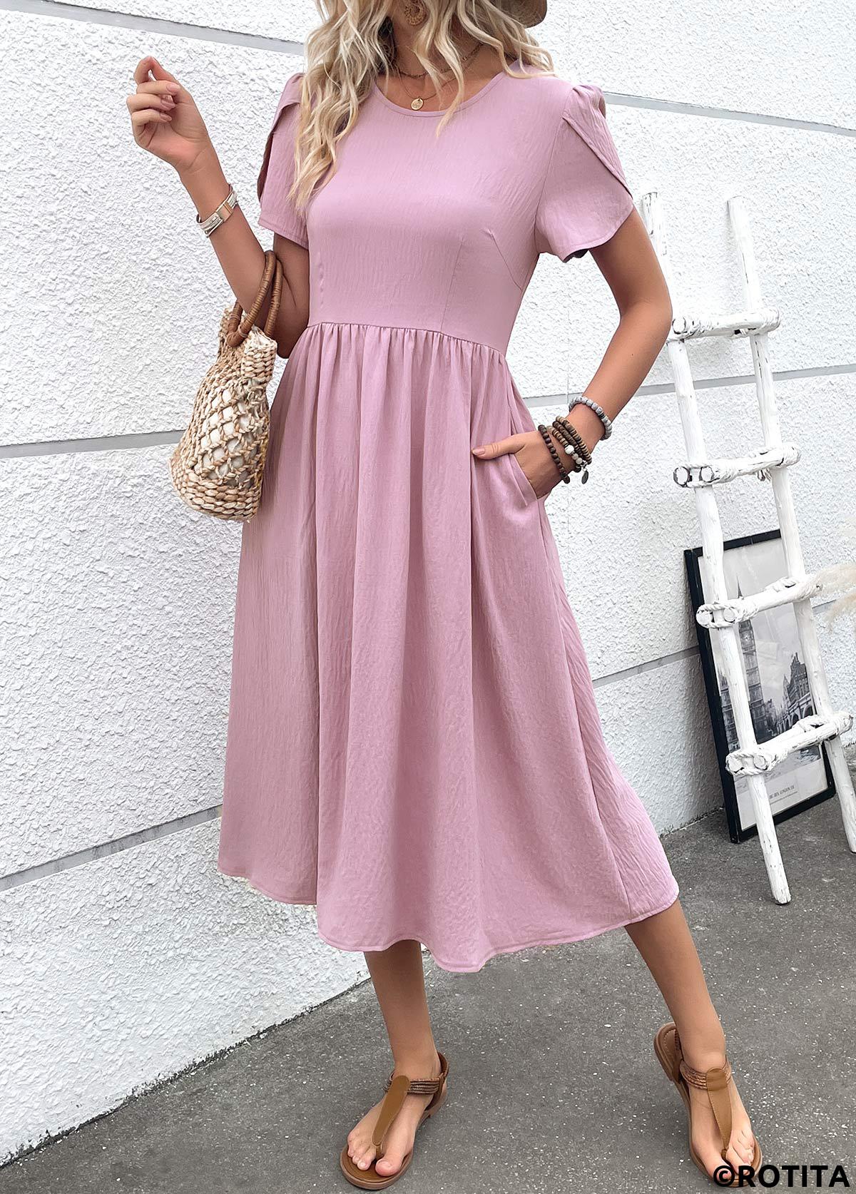 robe à manches courtes et col rond violet poudré à fermeture éclair Rotita