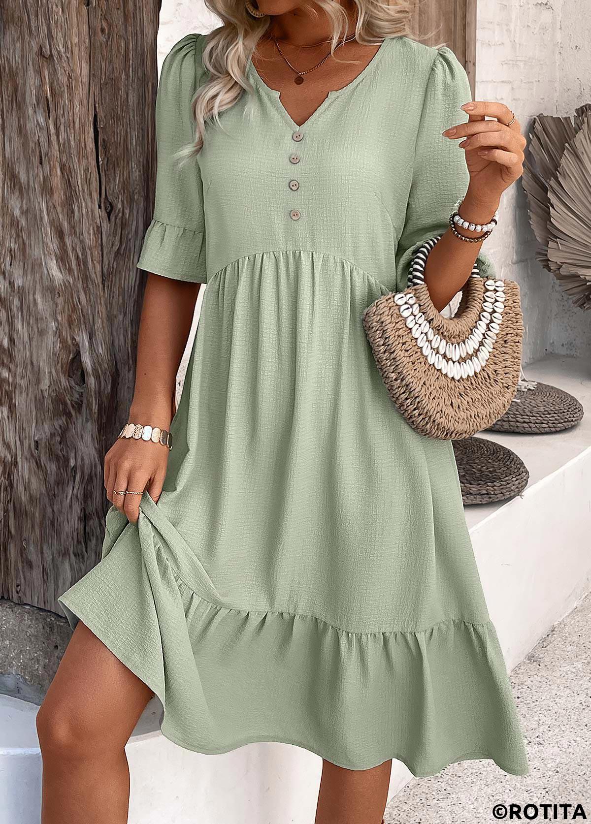 Sage Green dresses,Plain Color dresses,Everyday dresses,Casual dresses,ROTITA Button Sage Green A Line Split Neck Dress