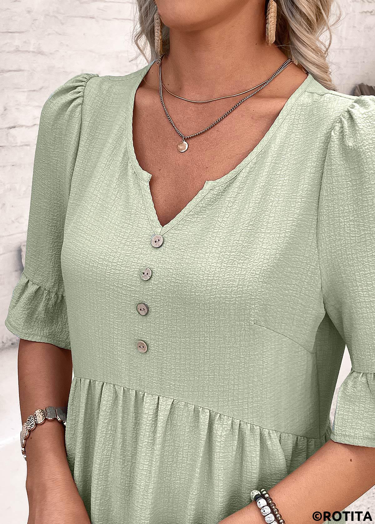 Sage Green dresses,Plain Color dresses,Everyday dresses,Casual dresses,ROTITA Button Sage Green A Line Split Neck Dress
