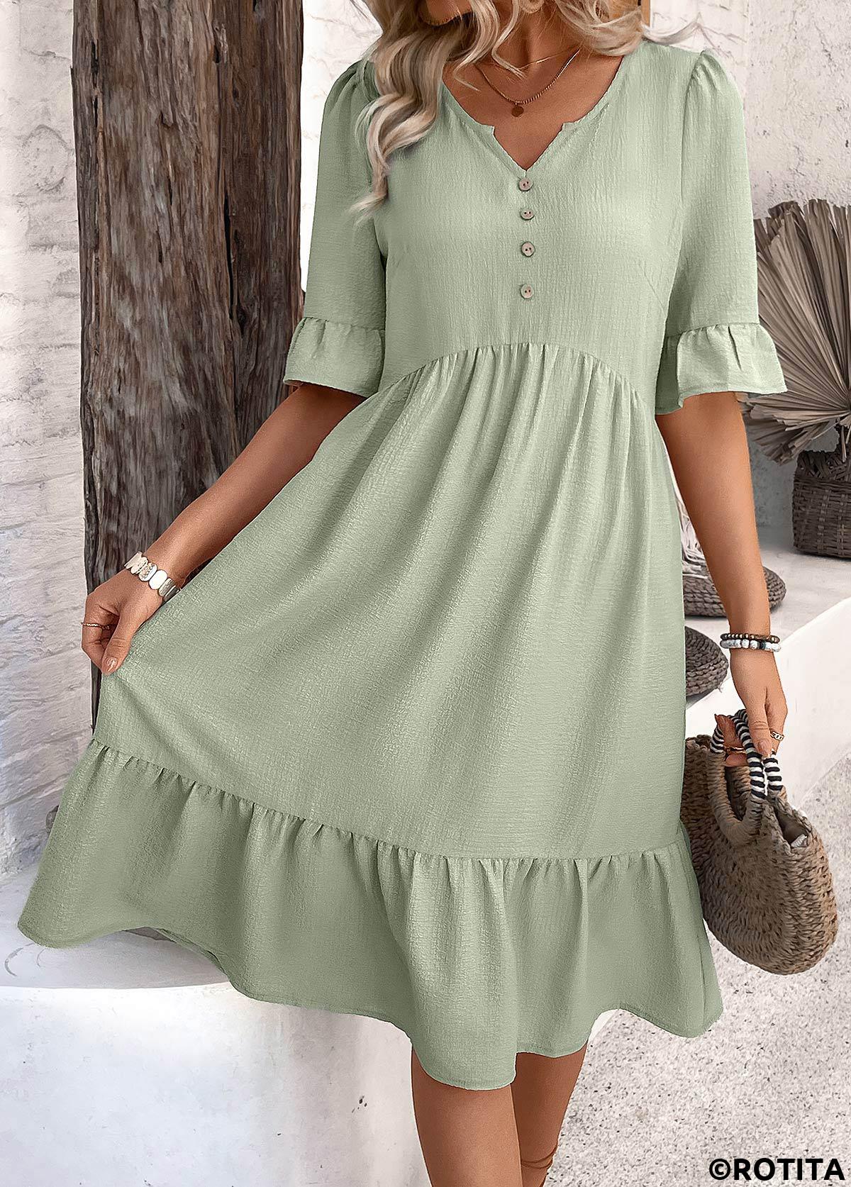Sage Green dresses,Plain Color dresses,Everyday dresses,Casual dresses,ROTITA Button Sage Green A Line Split Neck Dress