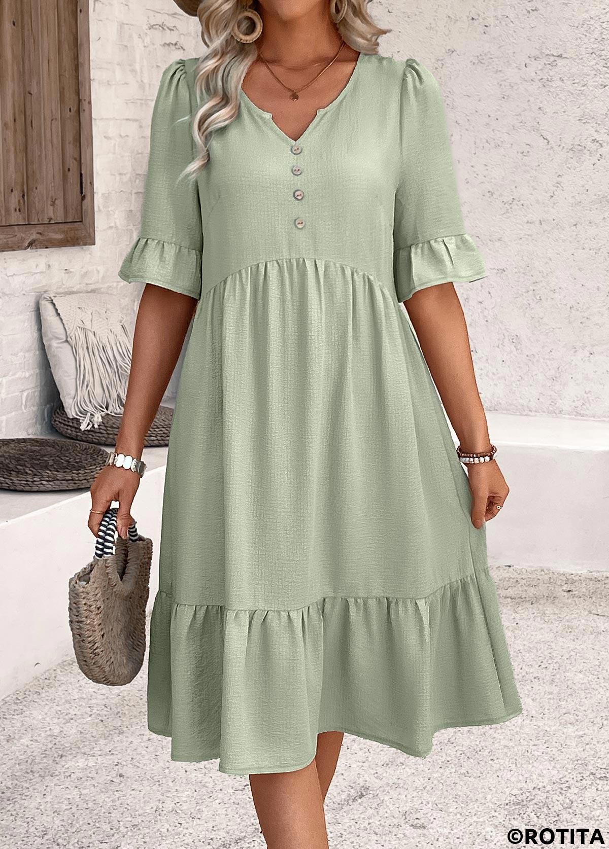 Sage Green dresses,Plain Color dresses,Everyday dresses,Casual dresses,ROTITA Button Sage Green A Line Split Neck Dress