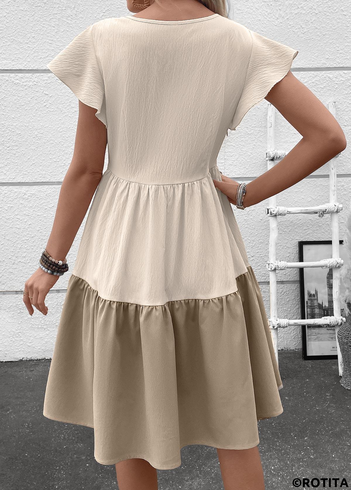 Rotita Patchwork-Kleid in Hellkamel mit Rundhalsausschnitt und kurzen Ärmeln