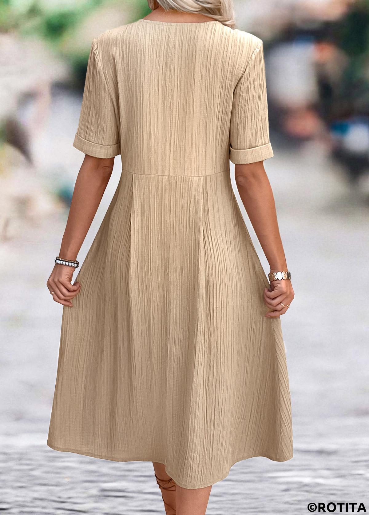 Light Coffee dresses,Plain Color dresses,Everyday dresses,Casual dresses,ROTITA Light Coffee A Line V Neck Short Sleeve Dress
