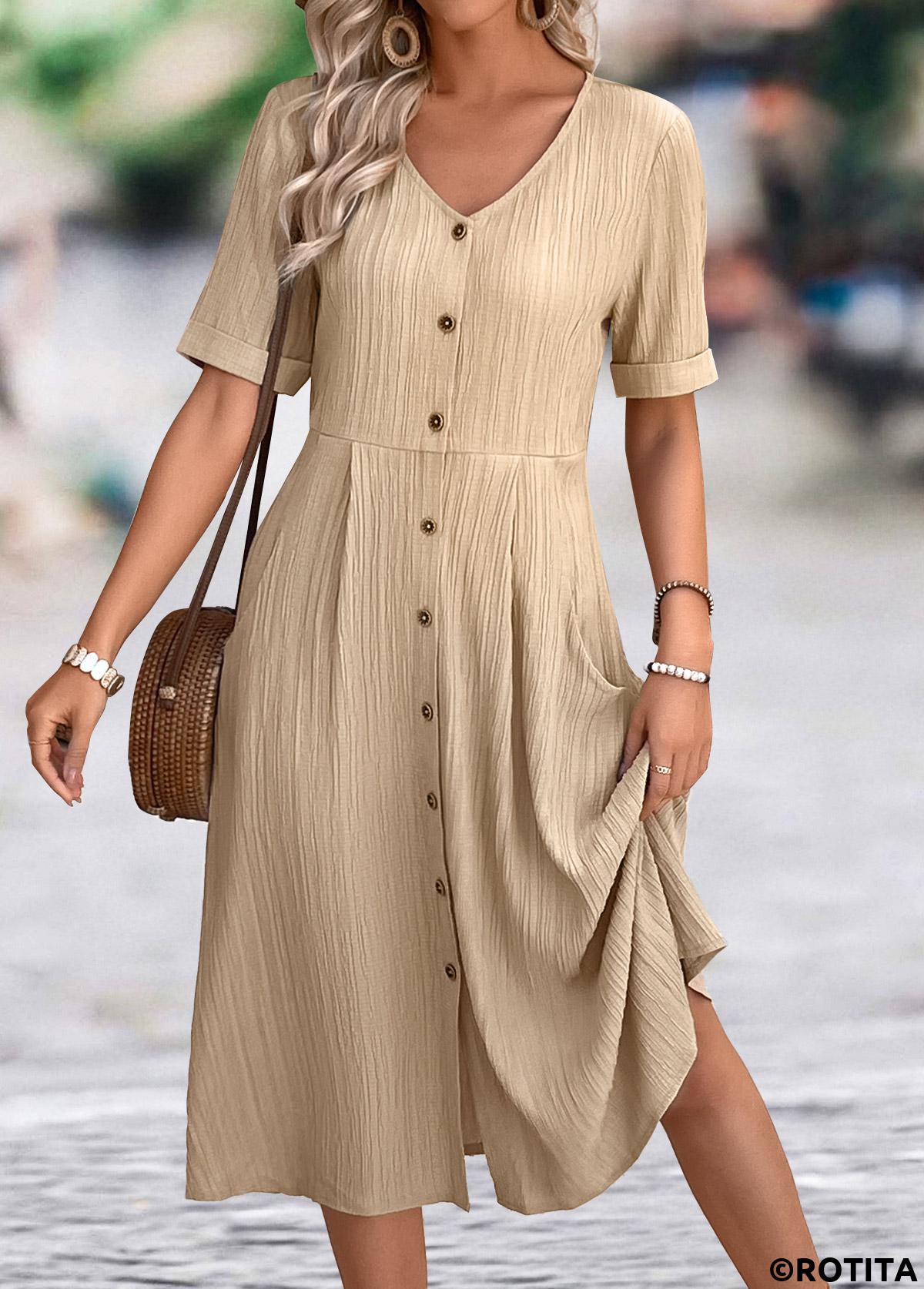 Light Coffee dresses,Plain Color dresses,Everyday dresses,Casual dresses,ROTITA Light Coffee A Line V Neck Short Sleeve Dress