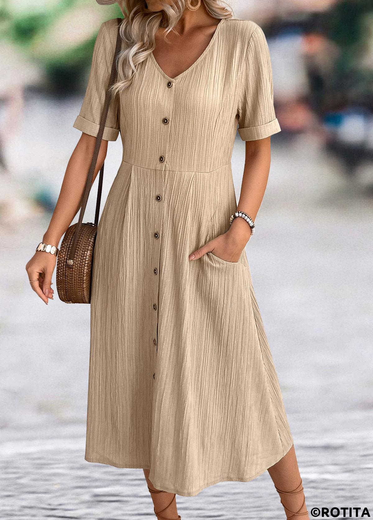 Light Coffee dresses,Plain Color dresses,Everyday dresses,Casual dresses,ROTITA Light Coffee A Line V Neck Short Sleeve Dress