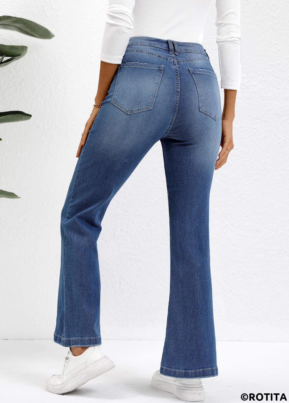 Denim Blue bottoms,Plain Color bottoms,Button Denim Blue Flare Leg High Waisted Jeans