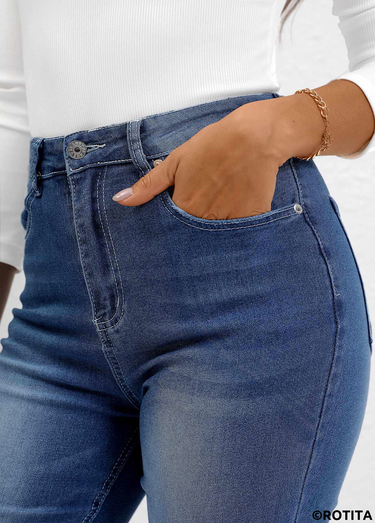 Denim Blue bottoms,Plain Color bottoms,Button Denim Blue Flare Leg High Waisted Jeans