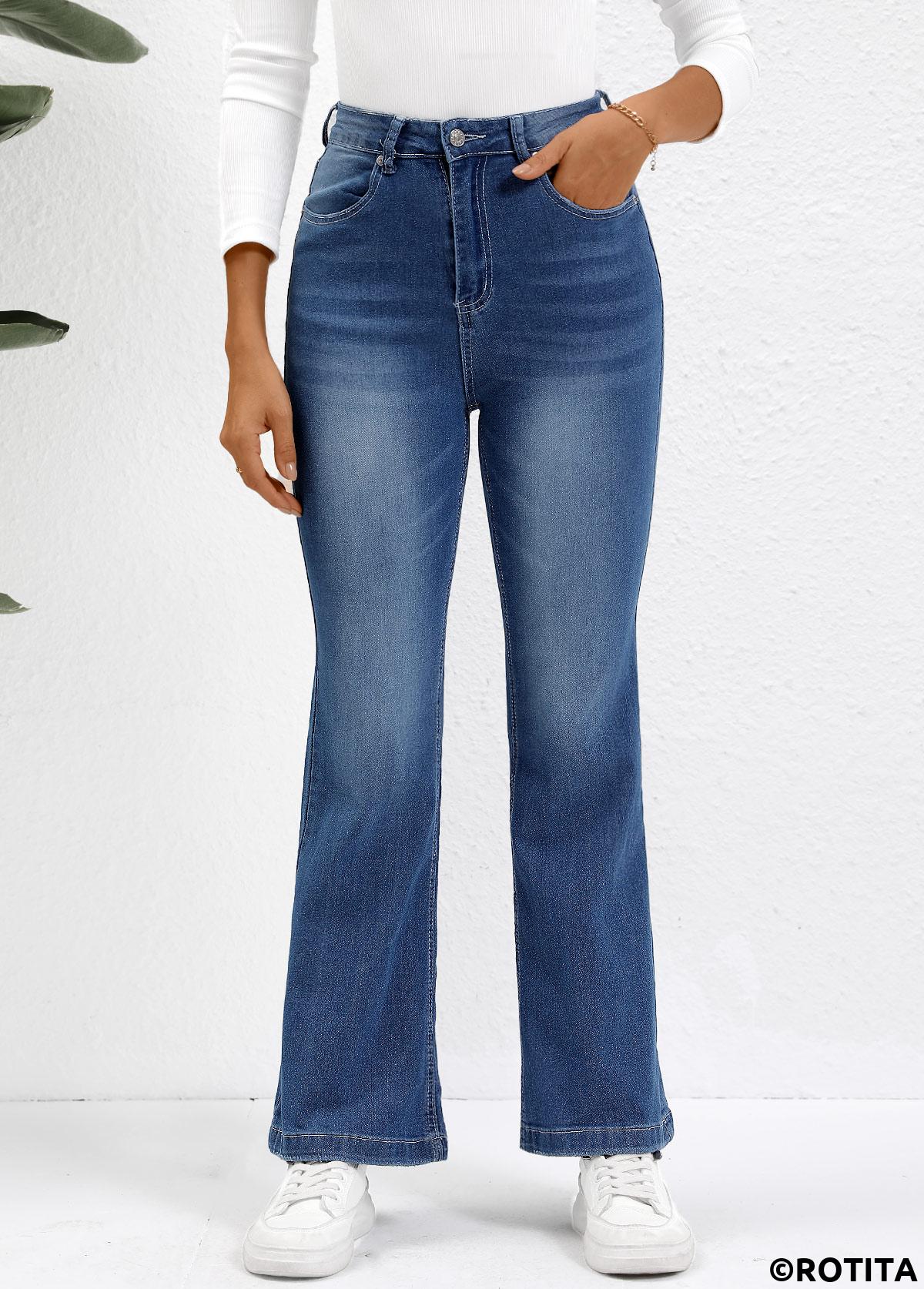 Denim Blue bottoms,Plain Color bottoms,Button Denim Blue Flare Leg High Waisted Jeans