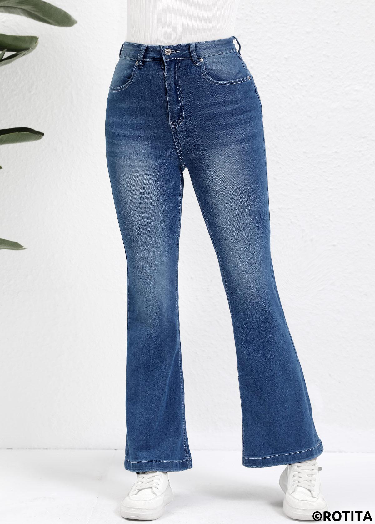 Denim Blue bottoms,Plain Color bottoms,Button Denim Blue Flare Leg High Waisted Jeans