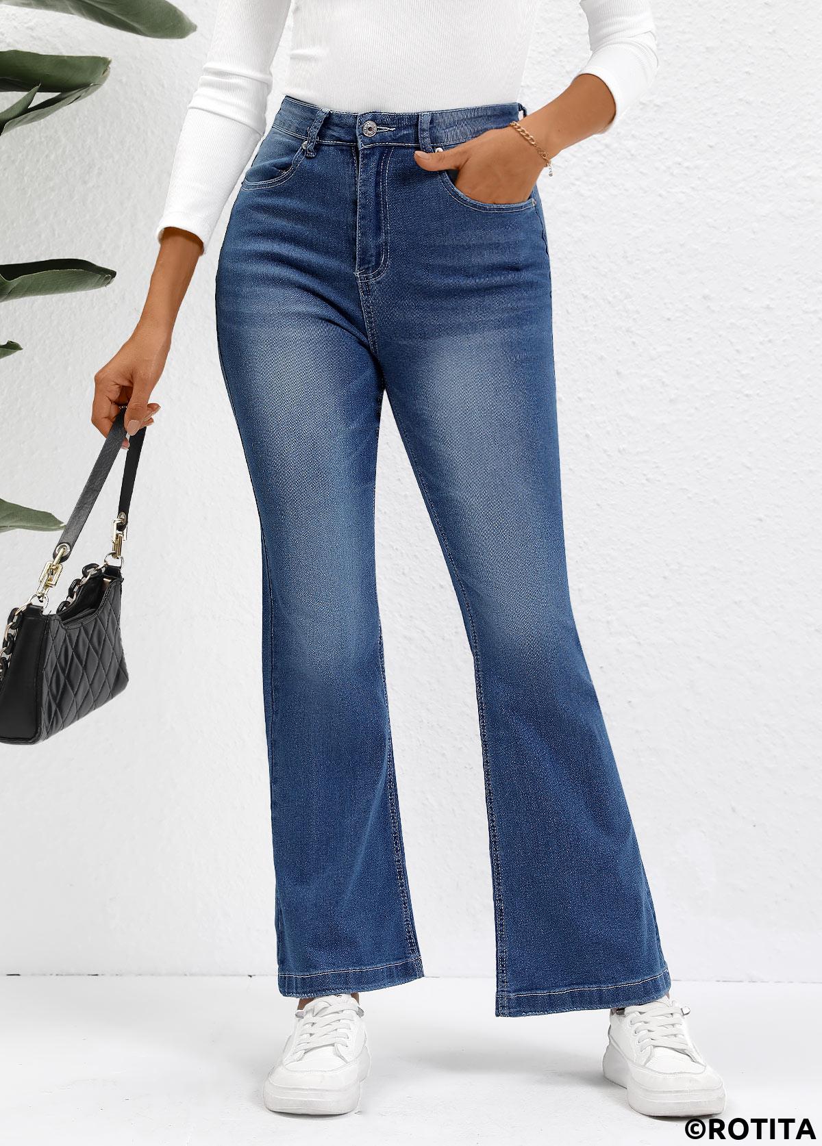 Denim Blue bottoms,Plain Color bottoms,Button Denim Blue Flare Leg High Waisted Jeans