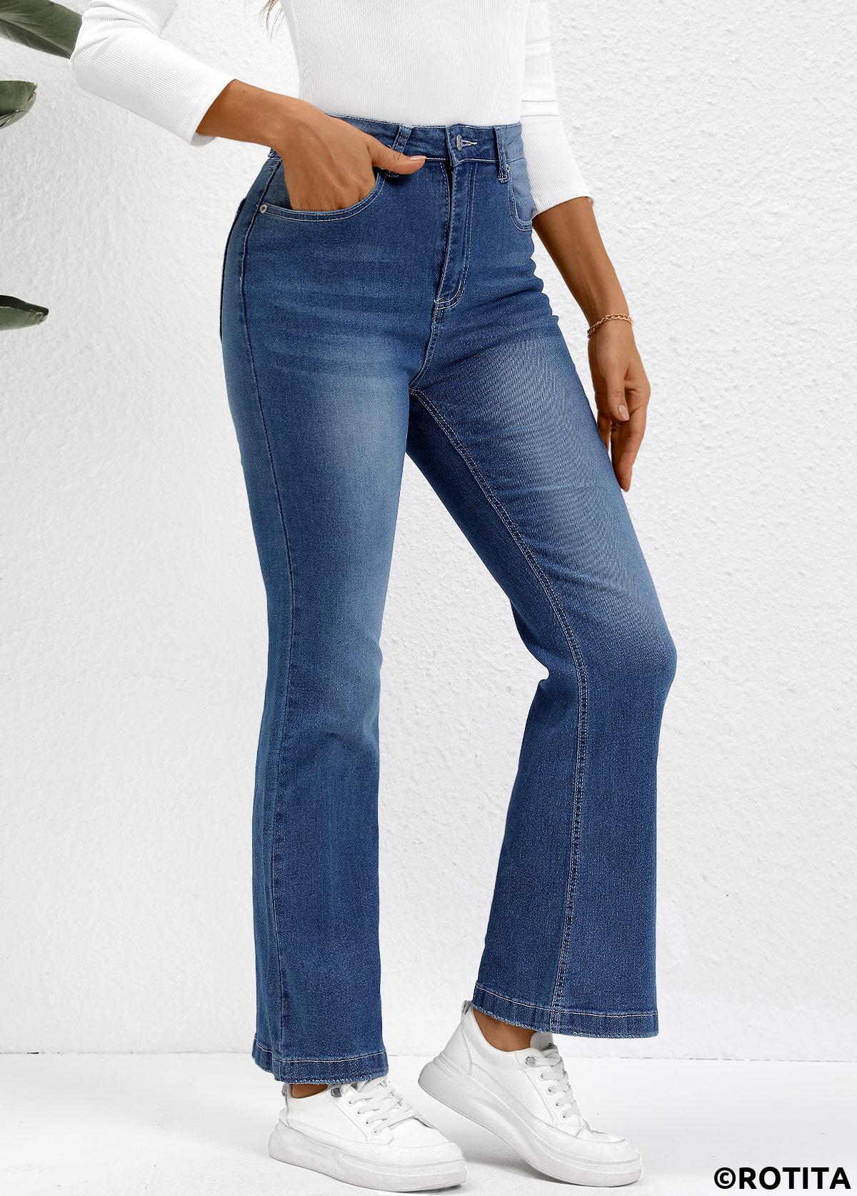 Denim Blue bottoms,Plain Color bottoms,Button Denim Blue Flare Leg High Waisted Jeans