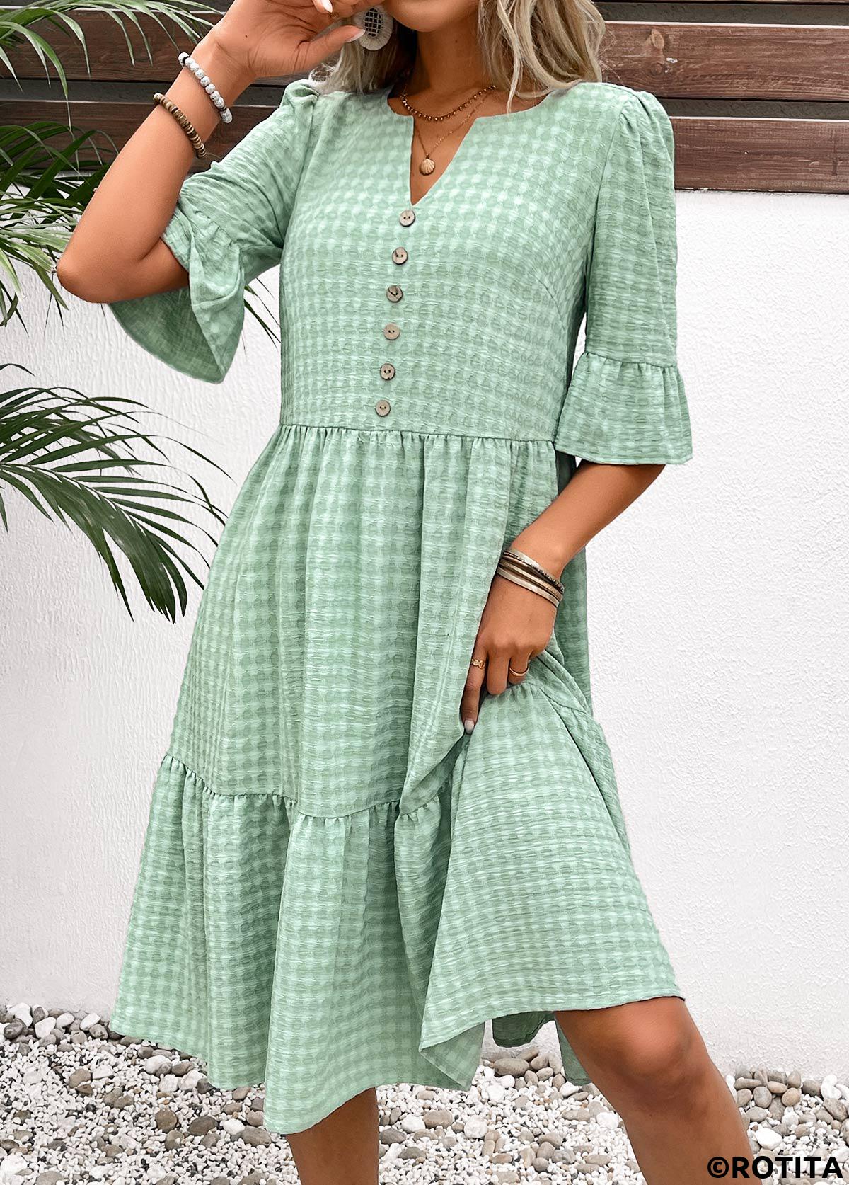Light Green dresses,Plain Color dresses,Everyday dresses,Casual dresses,ROTITA Button Light Green A Line Split Neck Dress