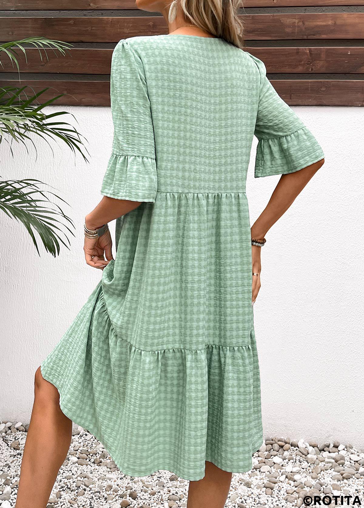 Light Green dresses,Plain Color dresses,Everyday dresses,Casual dresses,ROTITA Button Light Green A Line Split Neck Dress