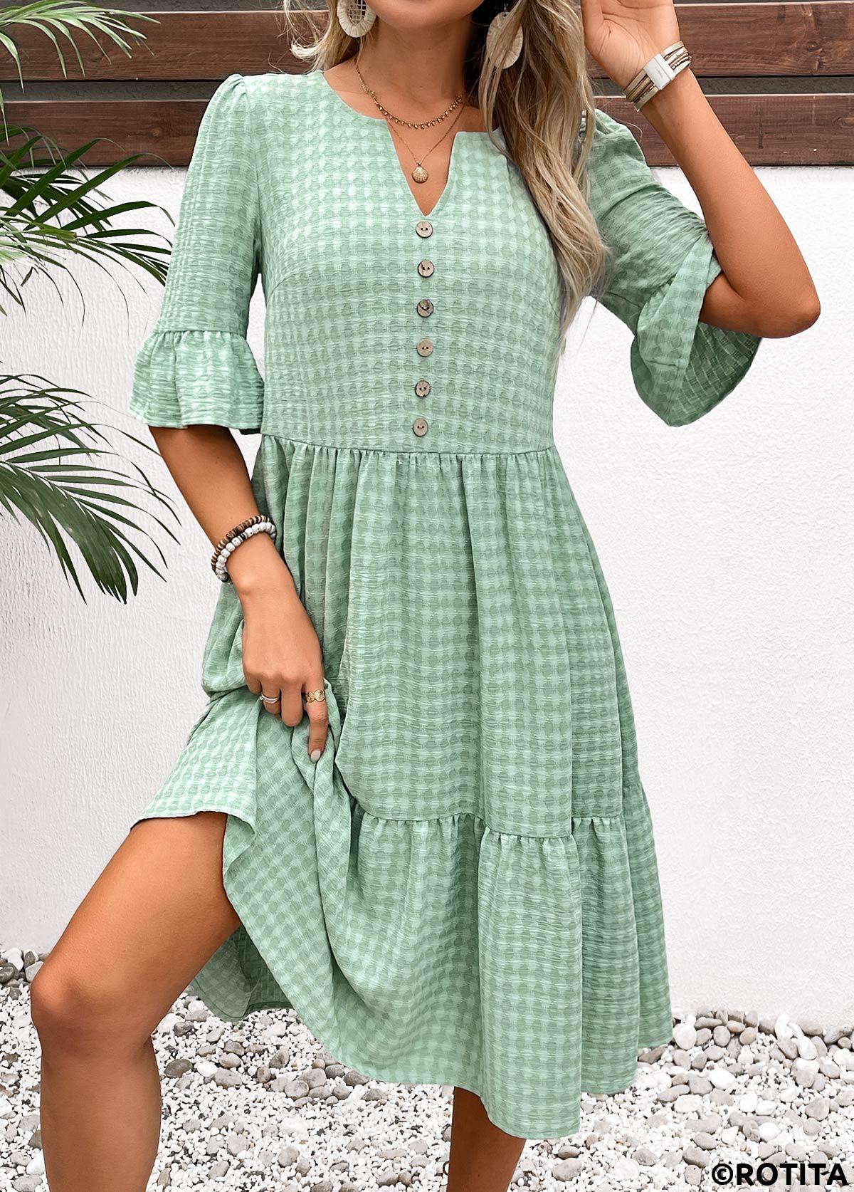 Light Green dresses,Plain Color dresses,Everyday dresses,Casual dresses,ROTITA Button Light Green A Line Split Neck Dress