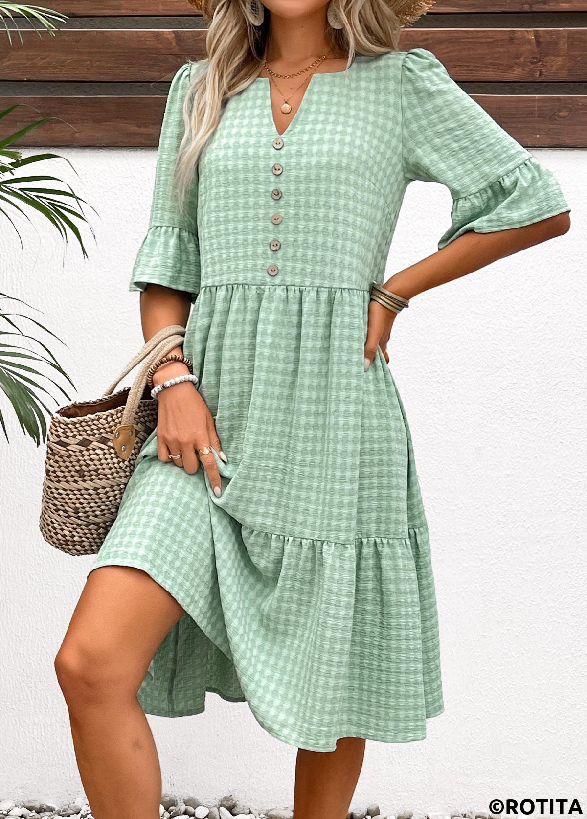Light Green dresses,Plain Color dresses,Everyday dresses,Casual dresses,ROTITA Button Light Green A Line Split Neck Dress