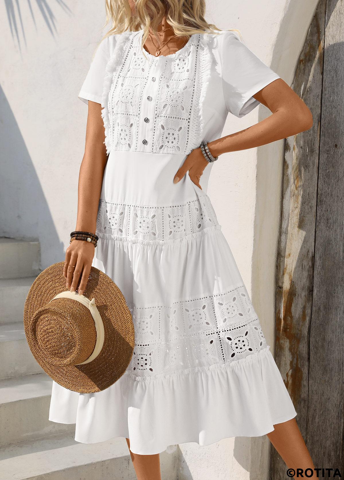 White dresses,Plain Color dresses,Vacation dresses,Vacation dresses,ROTITA Embroidery White Round Neck Short Sleeve Dress