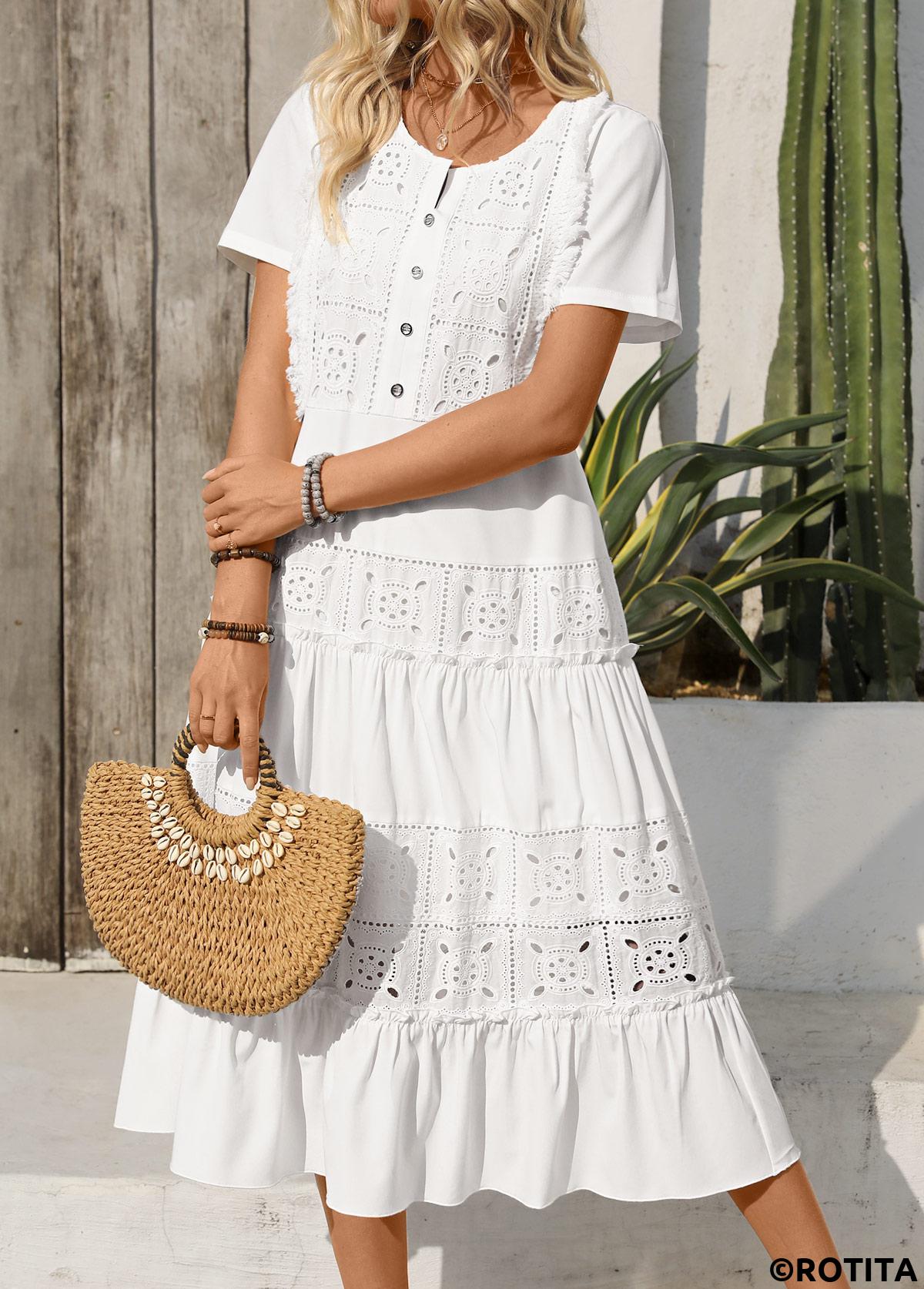 White dresses,Plain Color dresses,Vacation dresses,Vacation dresses,ROTITA Embroidery White Round Neck Short Sleeve Dress