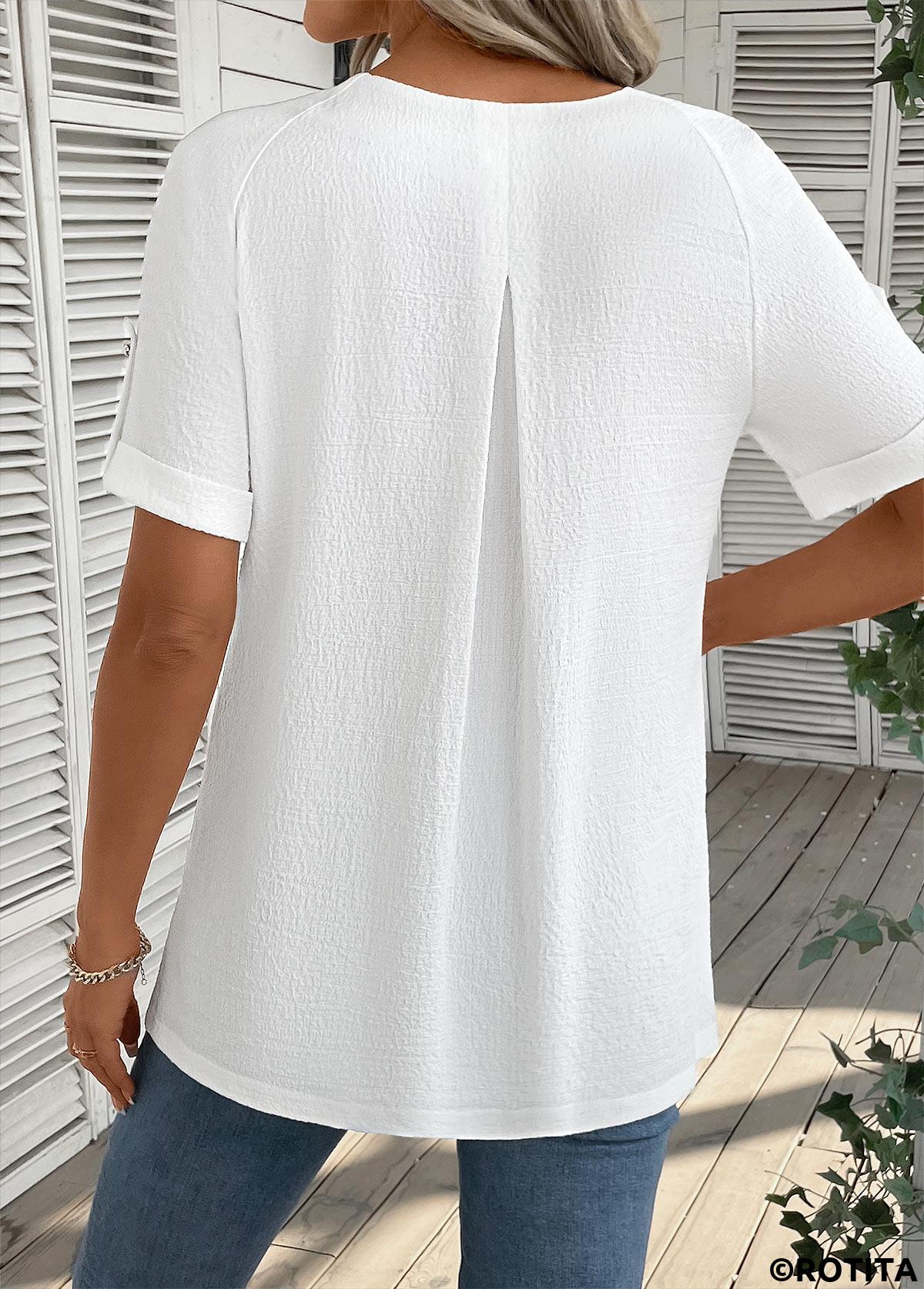 Bleaching White tops,Plain Color tops,ROTITA Button Bleaching White Round Neck Short Sleeve Blouse