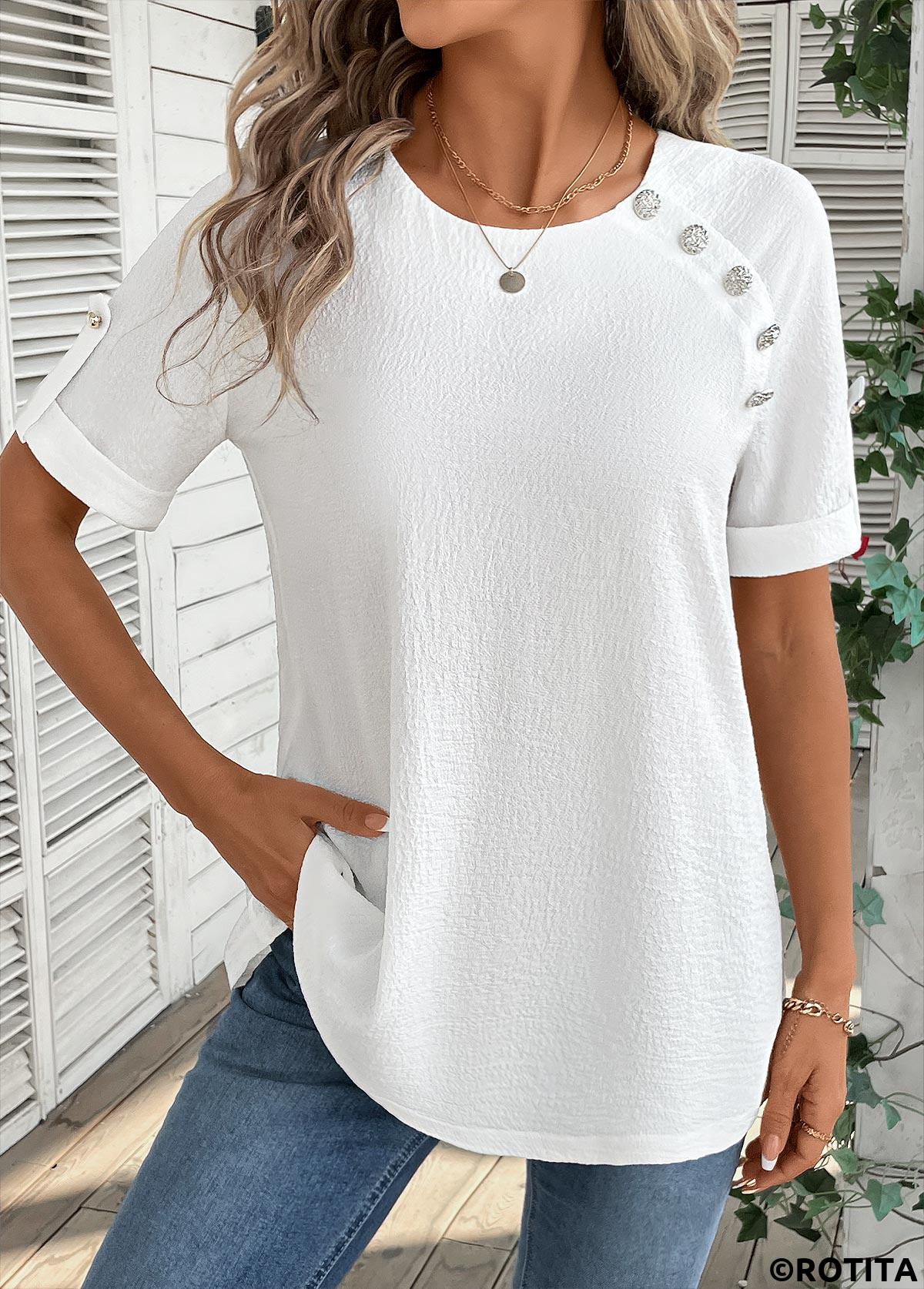 Bleaching White tops,Plain Color tops,ROTITA Button Bleaching White Round Neck Short Sleeve Blouse