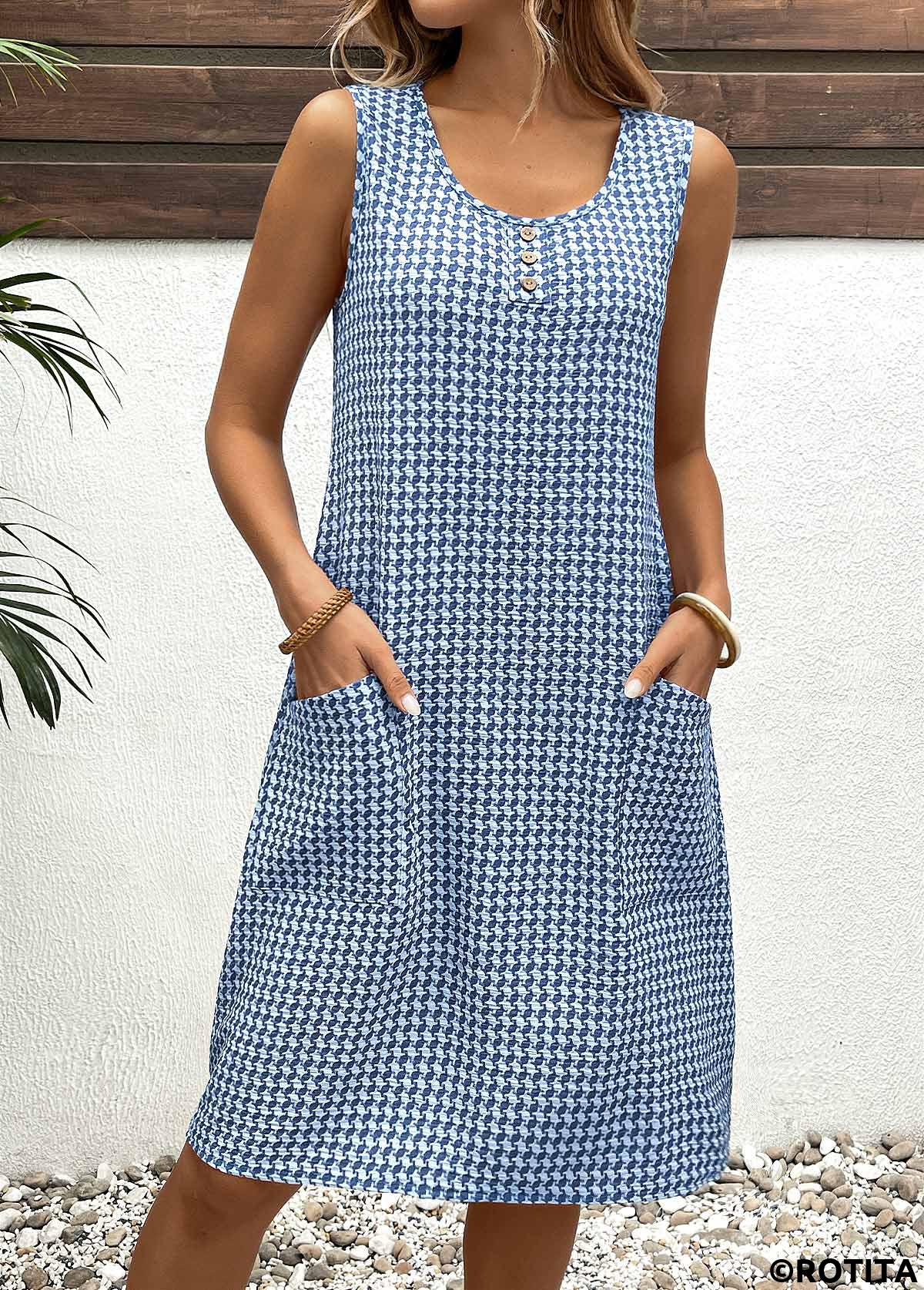 Rotita – Kariertes Jeansblau mit O-Ausschnitt und Knopfleiste