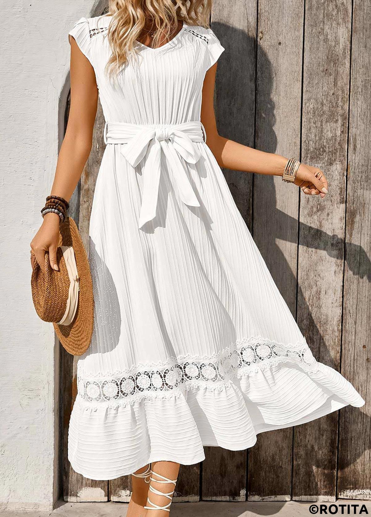 robe blanche à manches courtes et col en V avec ceinture et broderie Rotita
