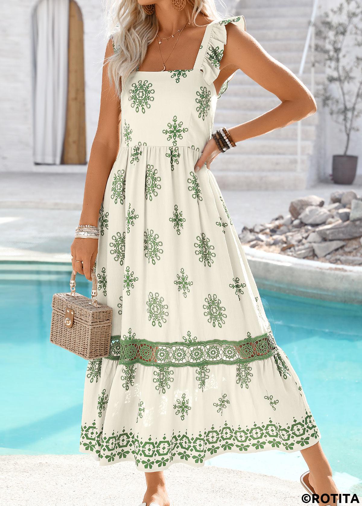 Raw white dresses,Green dresses,Tribal dresses,Vacation dresses,Vacation dresses,ROTITA Embroidery Tribal Print Raw White Maxi Square Neck Dress