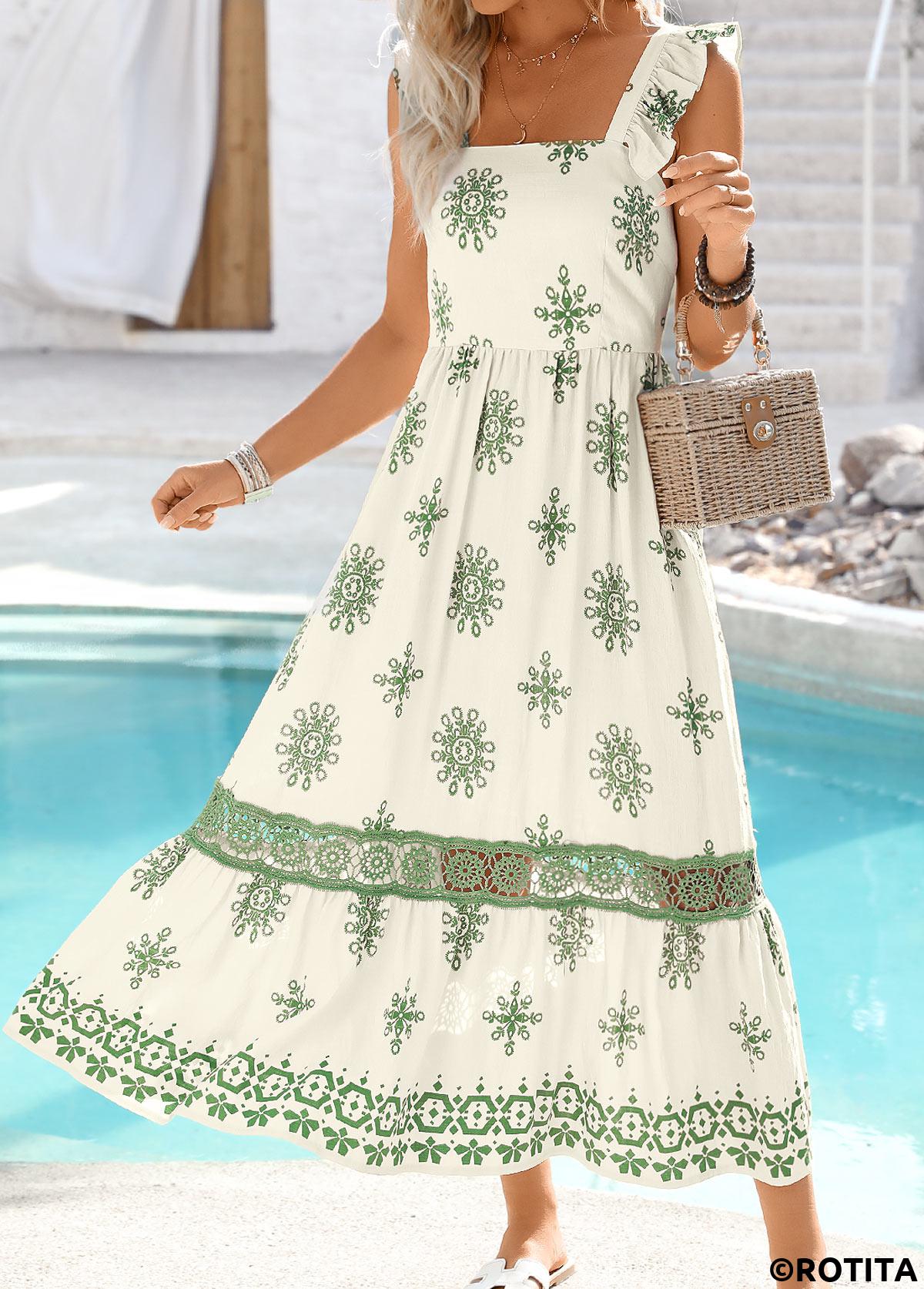 Raw white dresses,Green dresses,Tribal dresses,Vacation dresses,Vacation dresses,ROTITA Embroidery Tribal Print Raw White Maxi Square Neck Dress
