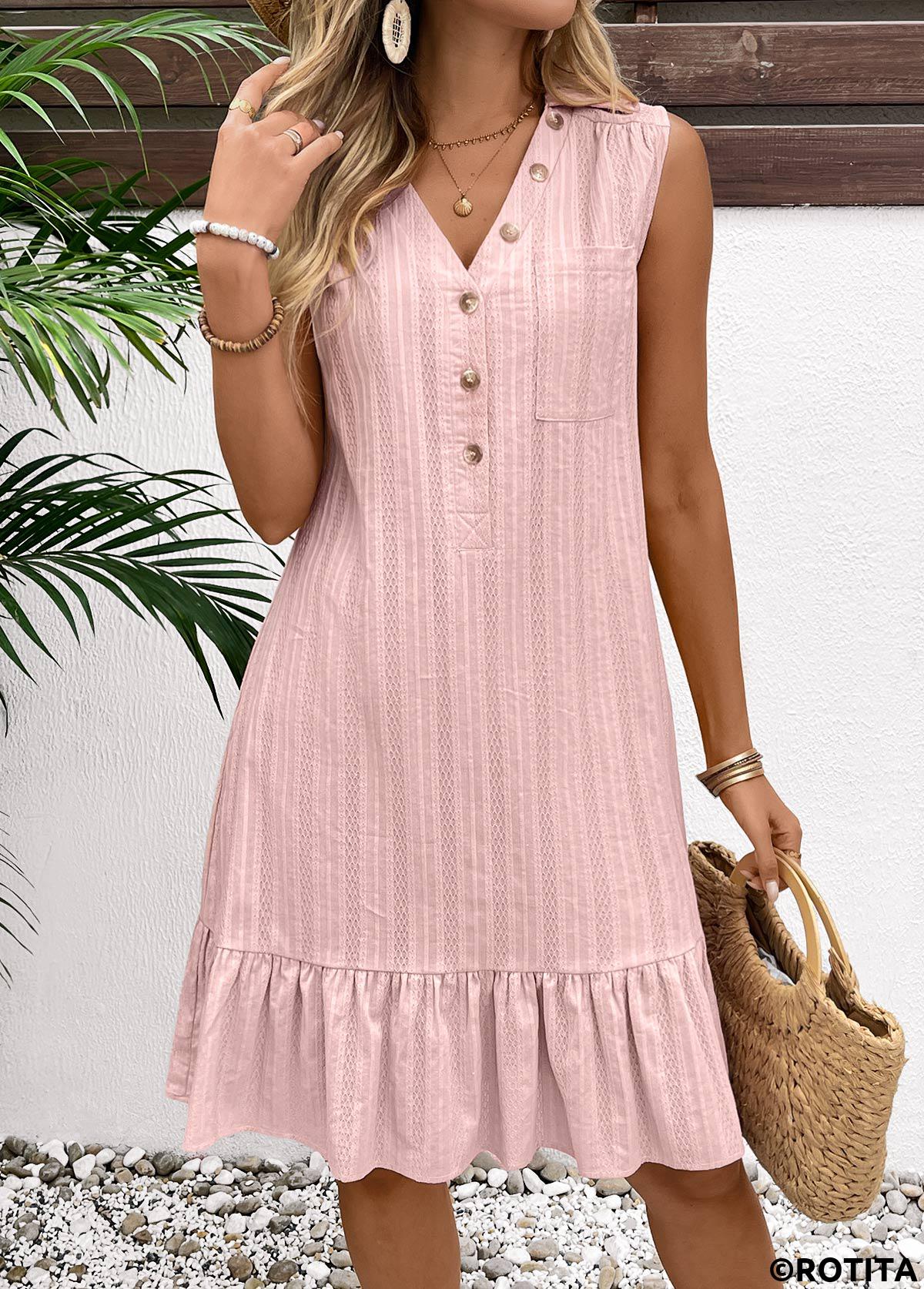 Light Pink dresses,Plain Color dresses,Everyday dresses,Casual dresses,ROTITA Button Light Pink A Line Turn Down Collar Dress