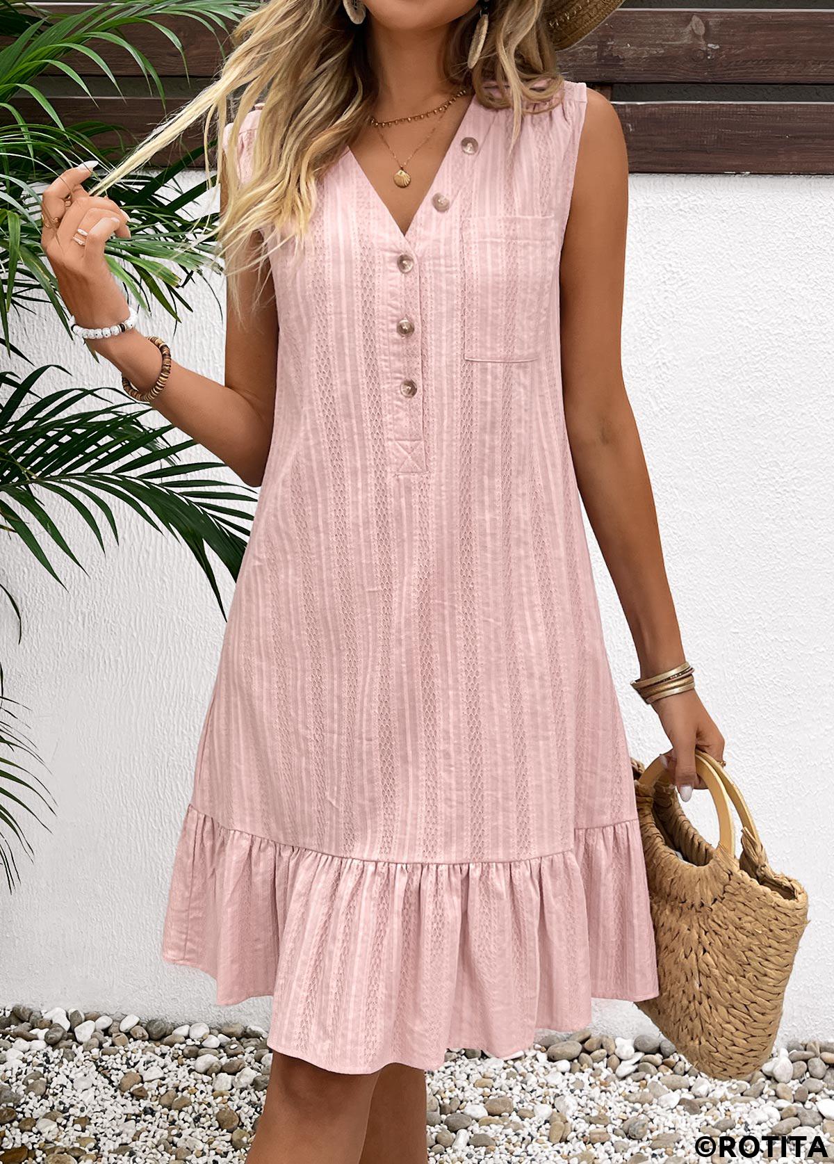 Light Pink dresses,Plain Color dresses,Everyday dresses,Casual dresses,ROTITA Button Light Pink A Line Turn Down Collar Dress