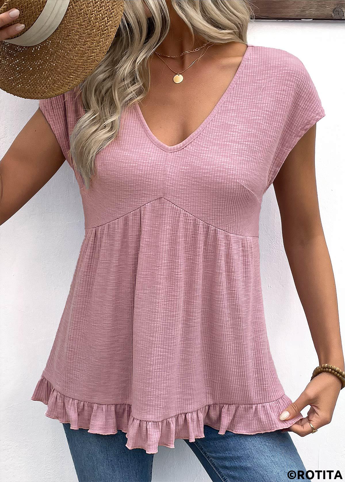 Pink tops,Plain Color tops,ROTITA Light Purple V Neck Short Sleeve T Shirt