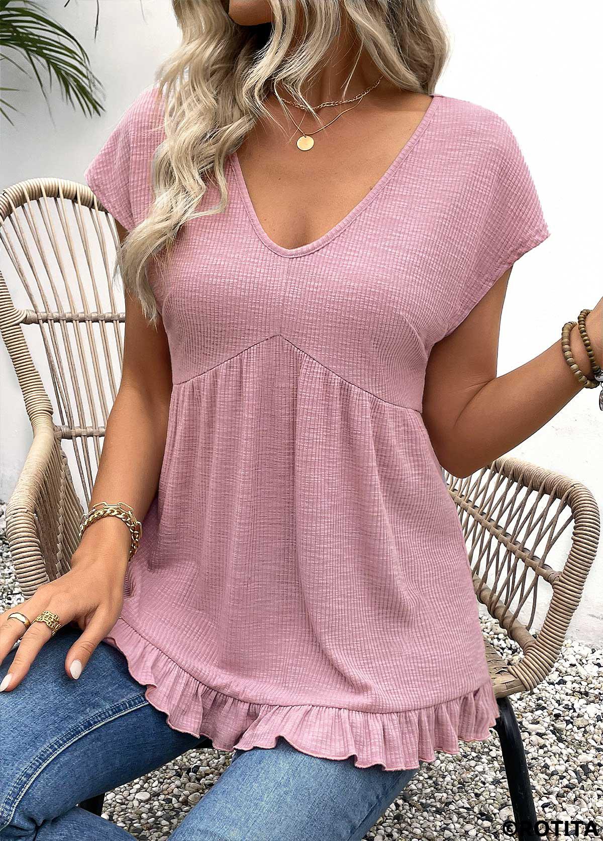Pink tops,Plain Color tops,ROTITA Light Purple V Neck Short Sleeve T Shirt